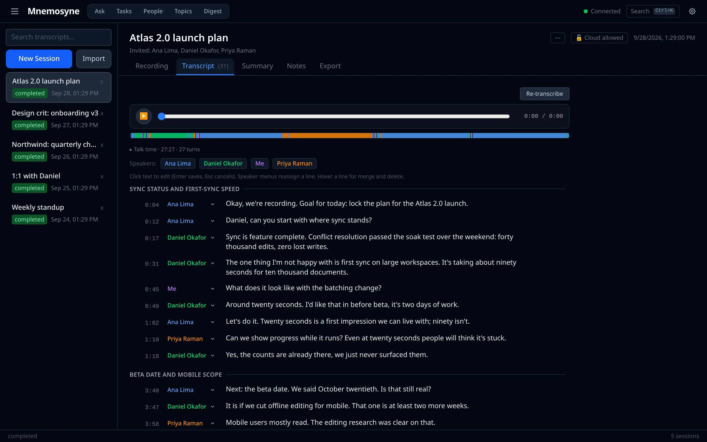 A transcript with speakers in colour, chapters and an audio player synced to the text